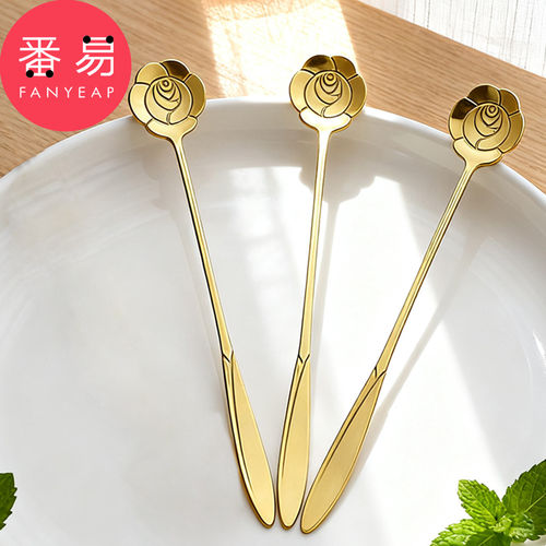 勺子/搅拌B1pn008-金色玫瑰勺子花朵创意杯子咖啡甜品长柄搅拌棒