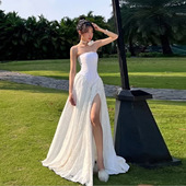 2025欧美夏季 新款 纯色高叉收腰修身 里 气质显瘦抹胸连衣长裙女装