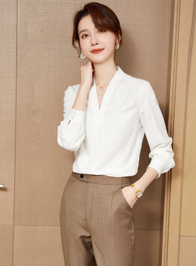 正装衬衫女白色女士设计感春秋小众法式衬衣女气质长袖上衣女V领