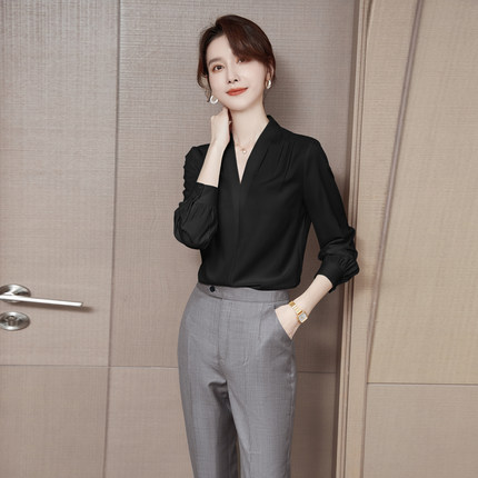 黑色衬衫女士2025春新款修身通勤高级感设计感小众衬衣女上衣职业