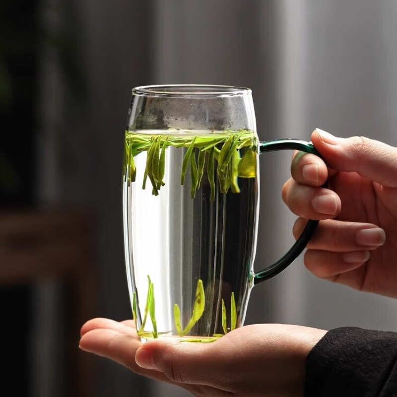 耐高温绿茶杯透明玻璃带把手泡茶杯办公室家用喝茶杯墨绿把300ML图片