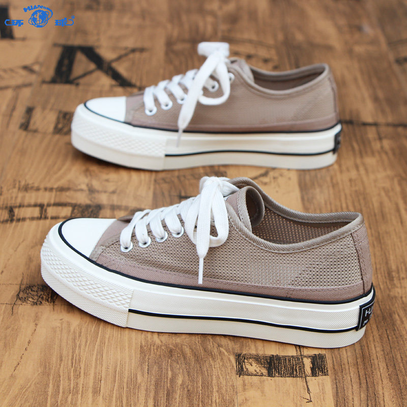 环球网面帆布鞋女2023新款夏季透气百搭休闲板鞋夏款复古厚底网鞋