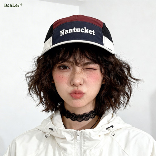 日系轻薄速干户外平檐帽小众拼色五片帽街头字母遮阳鸭舌帽子男女