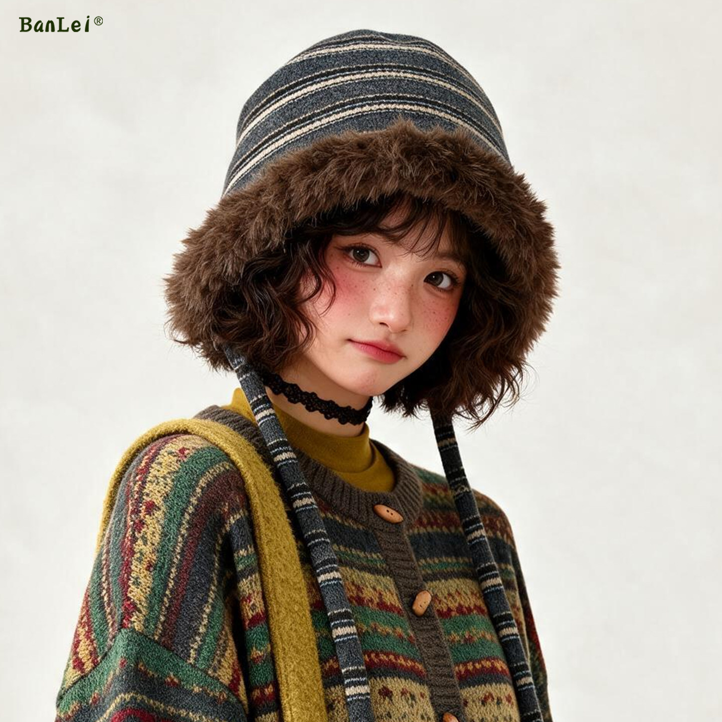 日系复古川西条纹毛绒渔夫帽女秋冬保暖护耳雷锋帽百搭包头帽子潮