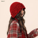 新款 红色镂空针织帽子女秋冬显脸小包头冷帽民族风流苏手工毛线帽