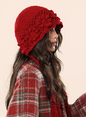 新款红色镂空针织帽子女秋冬显脸小包头冷帽民族风流苏手工毛线帽