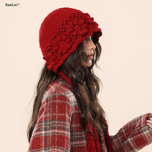 新款红色镂空针织帽子女秋冬显脸小包头冷帽民族风流苏手工毛线帽