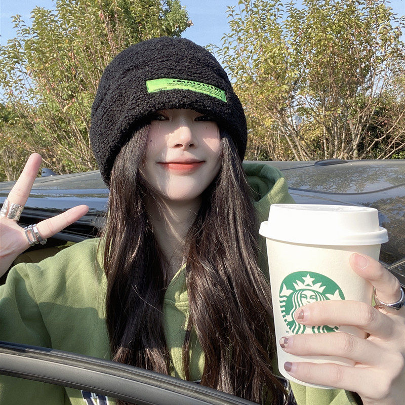 韩版百搭羊羔毛渔夫帽子女秋冬遮脸日系复古水桶帽保暖贴布瓜皮帽