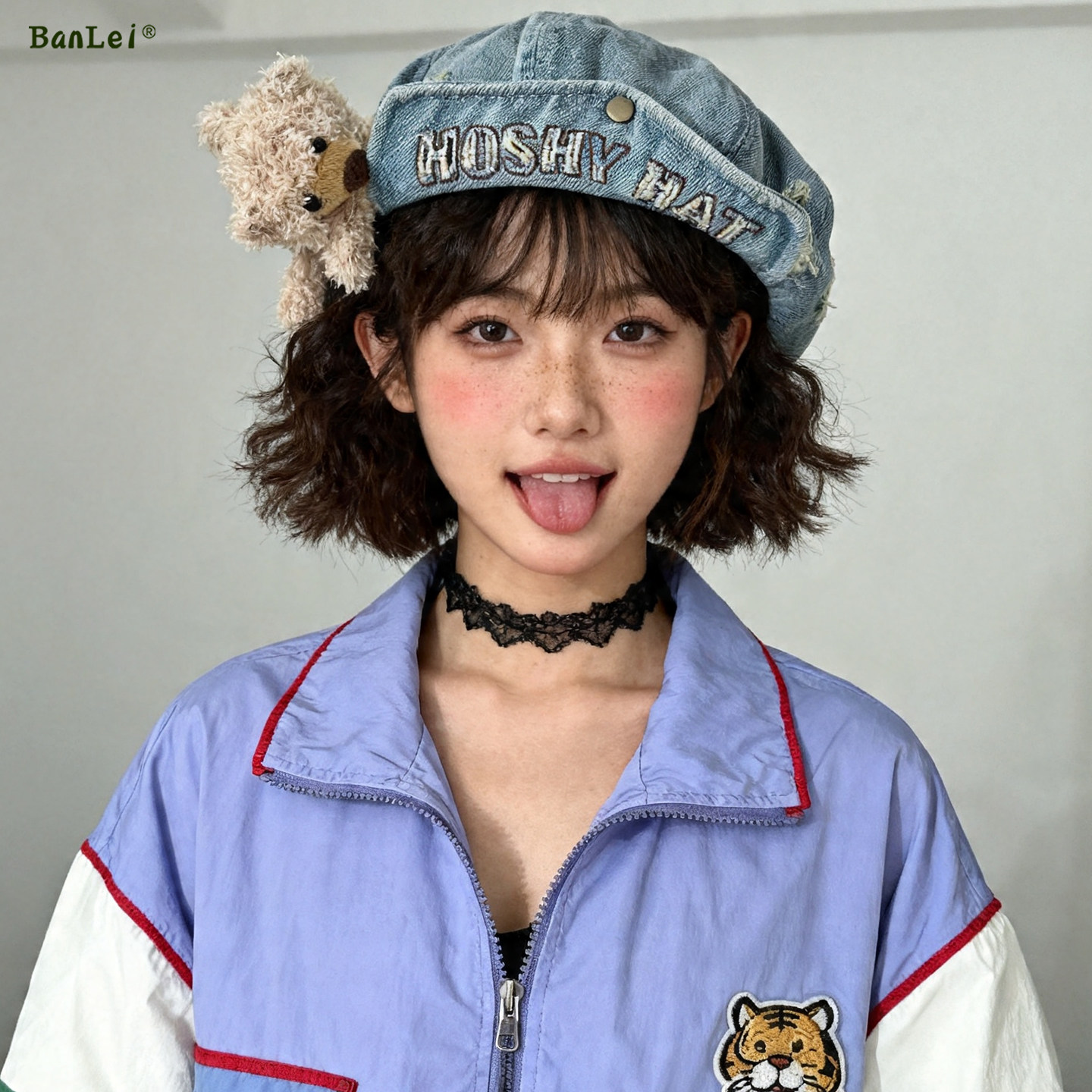2026新款复古牛仔翻檐贝雷帽女水洗破洞小熊装饰百搭显脸小报童帽