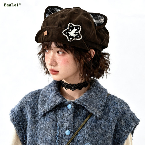 日系Y2K猫耳显脸小秋冬贝雷帽