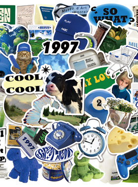 100张蓝色ins风贴纸高颜值创意个性简约文艺装饰手账本素材贴画