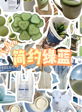 120张简约绿色系VS蓝色系贴纸高颜值小清新diy手账本素材防水贴画