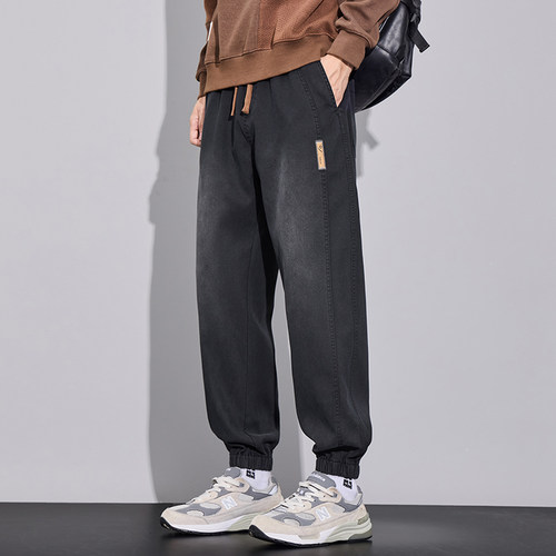 秋冬季仿牛星空纹洗水束脚牛仔裤加绒保暖休闲裤百搭运动工装裤子