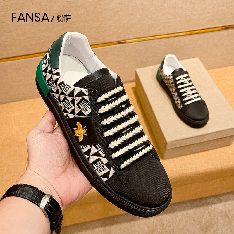 欧洲站板鞋男休闲百搭透气布鞋轻奢潮流大牌小蜜蜂真皮印花小黑鞋,流行男鞋,休闲板鞋,淘宝优惠券,粉丝福利购,淘宝优惠卷