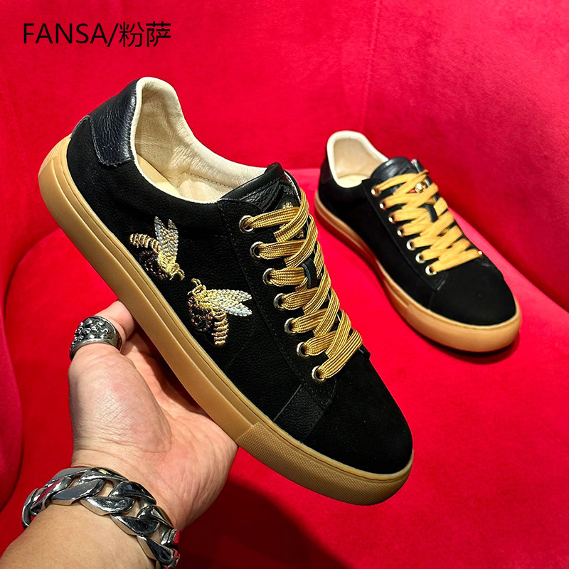 高端奢侈品牌小蜜蜂真皮板鞋男磨砂皮小黑鞋欧洲站潮流百搭休闲鞋,流行男鞋,休闲板鞋,淘宝优惠券,粉丝福利购,淘宝优惠卷