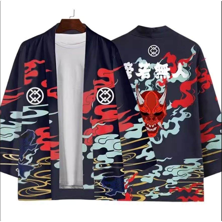 浮世绘和服披风蛟龙狐狸面具仙鹤开衫道袍羽织宽松七分袖数码印花
