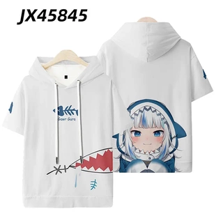 鲨鱼娘短袖 漫男女连帽cos同人痛衣 连帽T恤GawrGura动漫周边二次元