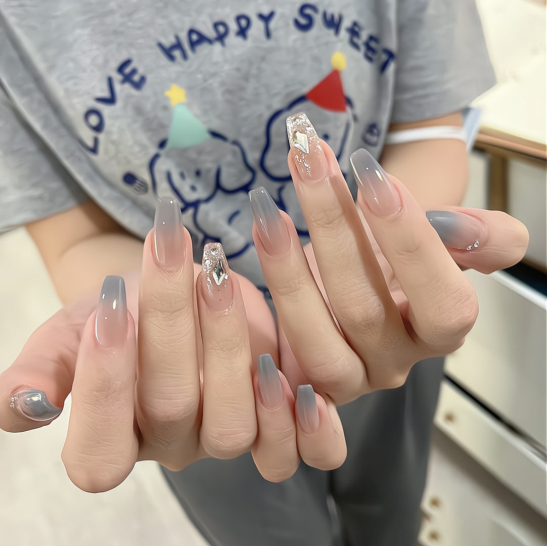 【雾霾蓝灰】美甲可拆卸穿戴甲ins网红手工欧式渐变温柔冰透美甲