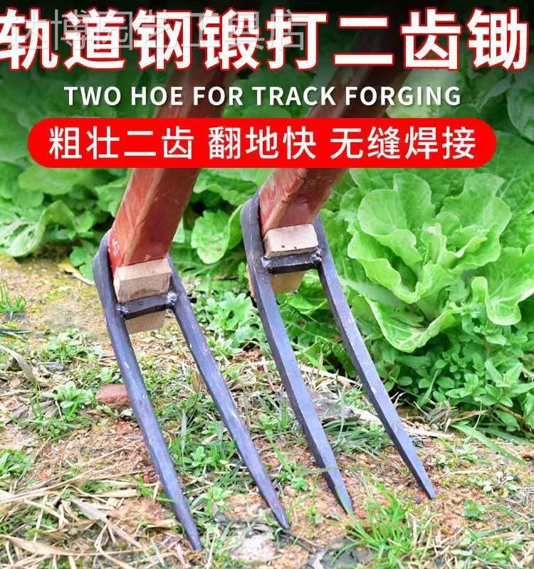 农用全钢长把二齿锄头两用挖土开荒种菜开垦种地农具三齿农用耙子