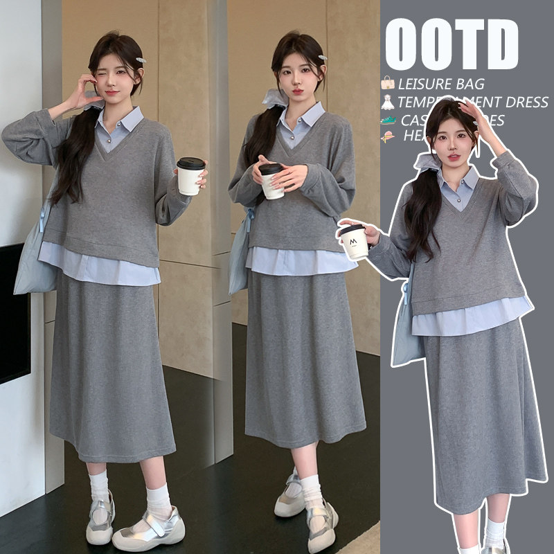 实拍 现2026春季新款韩版假两件拼接宽松休闲V领显瘦针织套装裙子