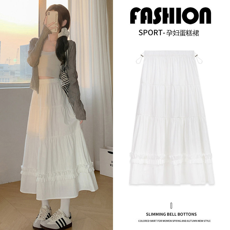 现 孕妇白色裙子2026夏新款高腰a字显瘦百搭蓬蓬蕾丝边蛋糕半身裙