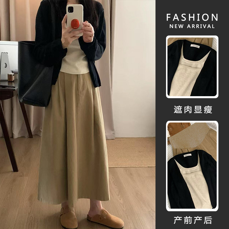 春季孕妇薄款显瘦宽松上衣针织开衫外套百搭卡其色半身裙女