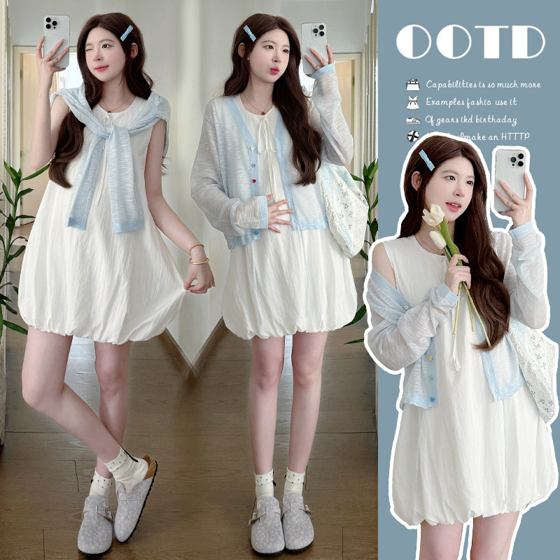 实拍2026春夏季时尚简约俏皮减龄背心花苞裙+百搭防晒杉孕妇套装