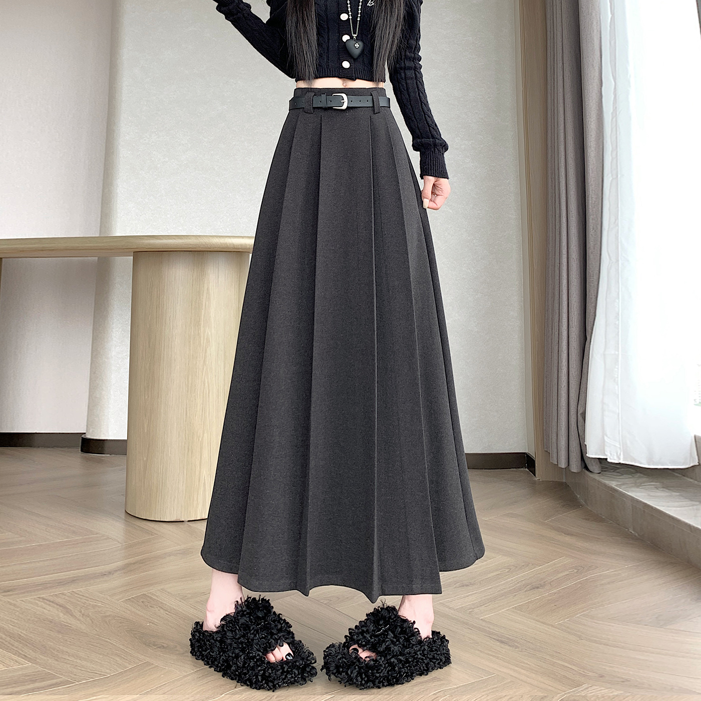实拍2025秋冬韩版遮胯显瘦中长加厚毛呢a字半身百褶裙伞裙 配腰带
