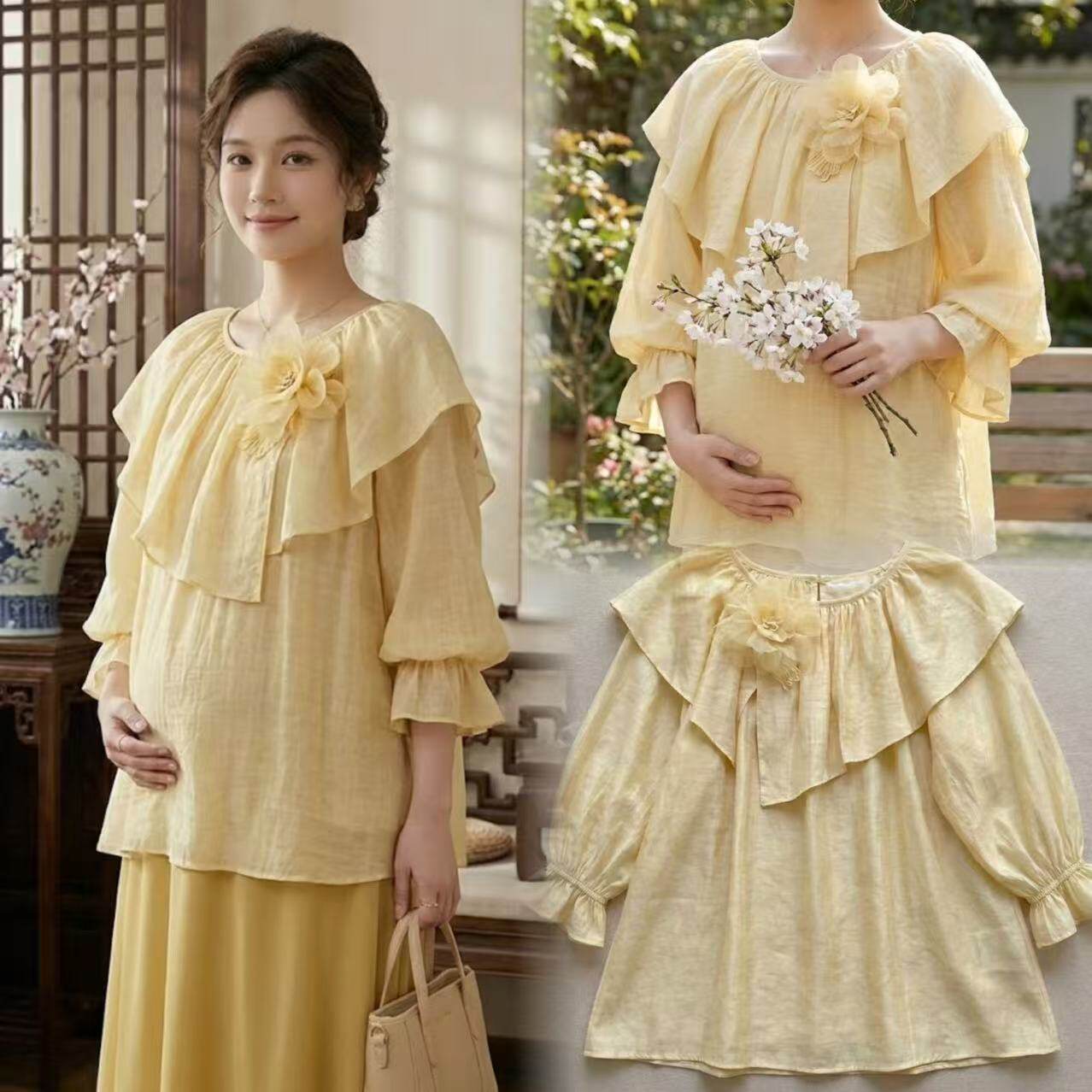 2026春夏新款不对称荷叶边立体花分袖孕装上衣