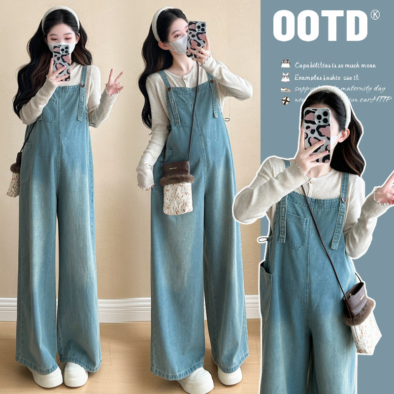 实拍现现孕妇春装套装时尚款减龄宽松大码牛仔背带裤+上衣两件套