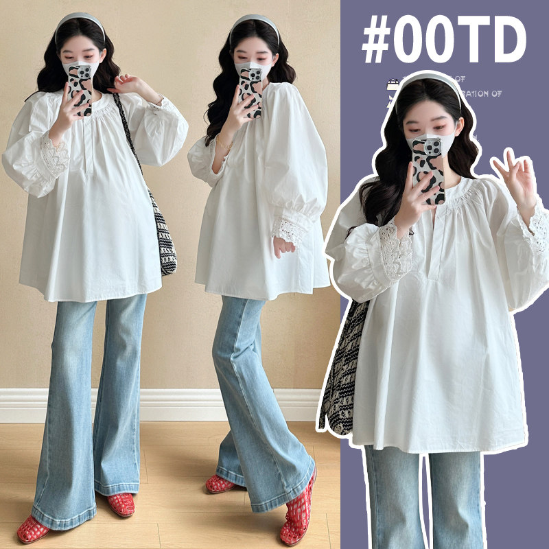 实拍现 孕妇春季新款韩版棉衬衫 娃娃衫宽松A摆上衣