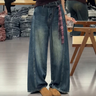 垂感软糯高腰宽松阔腿裤 复古蓝色直筒弯刀牛仔裤 女潮ins高街美式