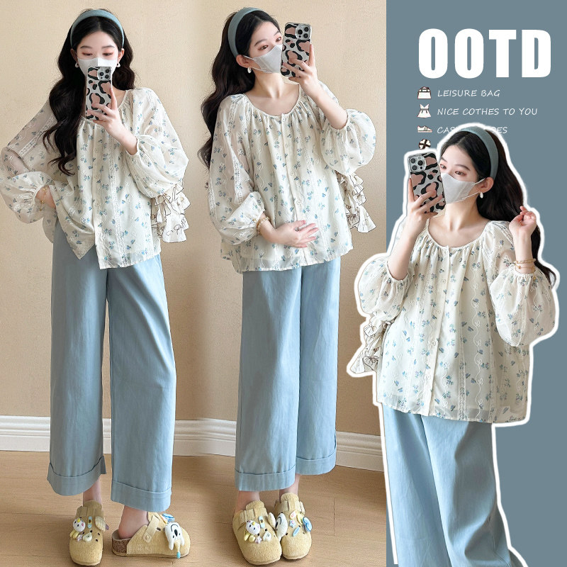 实拍2026春款蕾丝印花娃娃衫+宽松阔腿甜美百搭显瘦孕妇套装