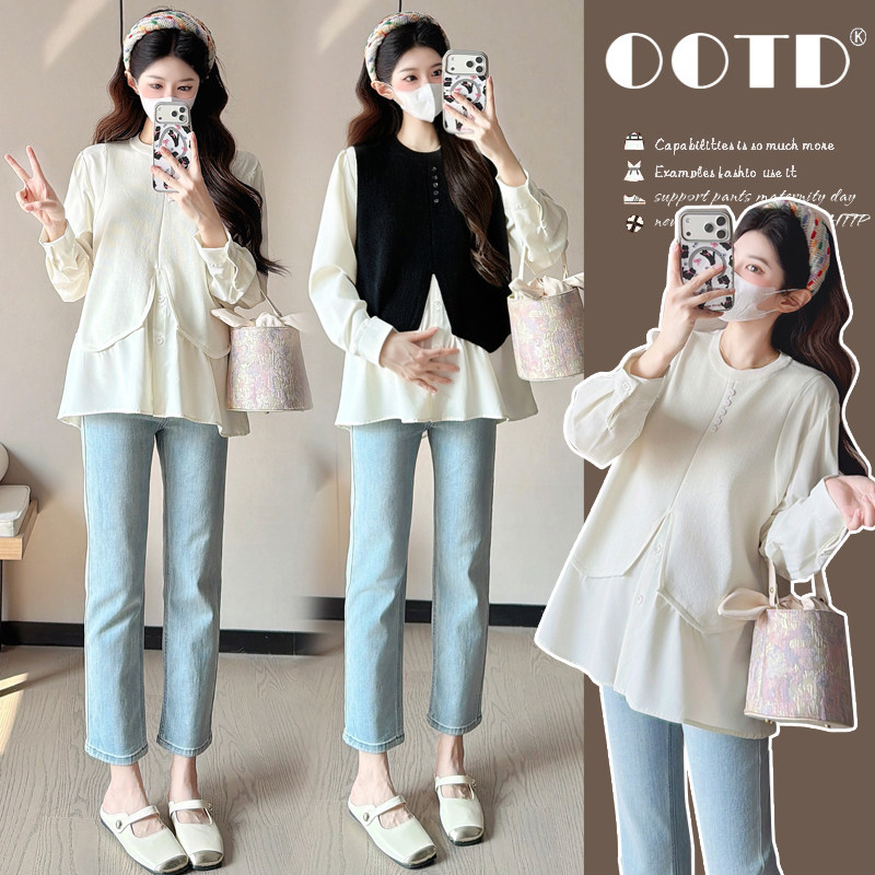实拍新款2026孕妇春装甜美宽松显瘦长袖娃娃衫减龄百搭假两件上衣