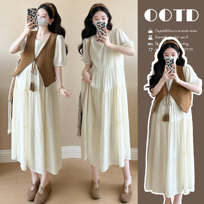 现现实拍2026春夏新款高级感泡泡袖法式马甲连衣裙孕妇套装