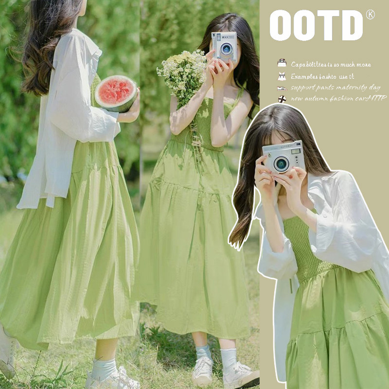 有货  春夏新款小清新吊带孕妇连衣裙+防晒衬衫休闲孕妇两件套装