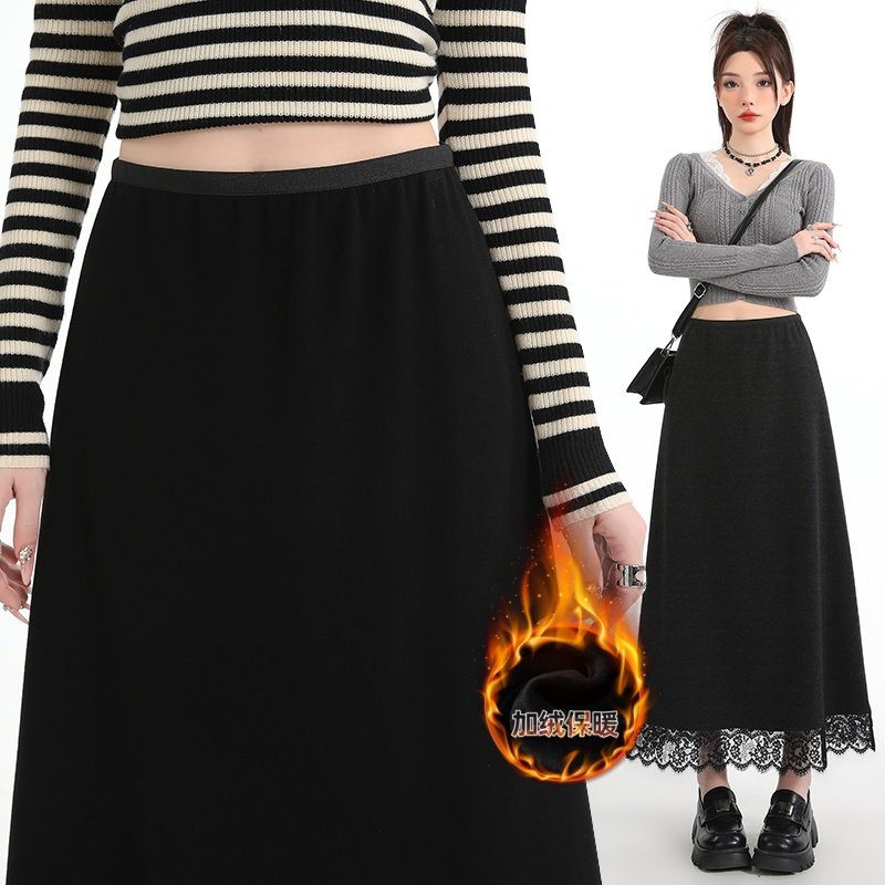 黑色蕾丝花边半身裙女秋冬新款糯米羊绒高腰慵懒中长裙a字伞裙