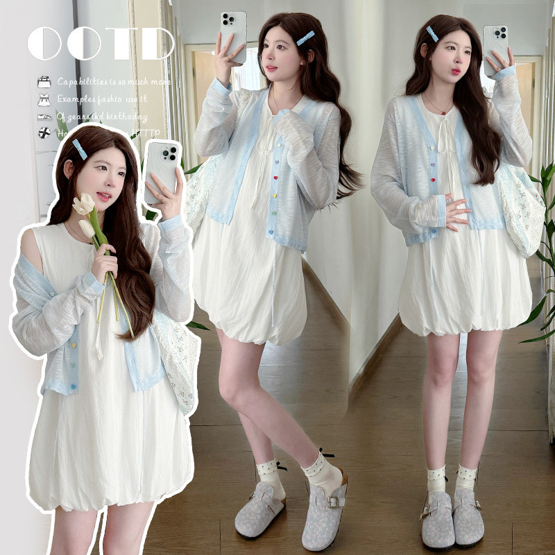 实拍2026春夏季时尚简约俏皮减龄背心花苞裙+百搭防晒杉孕妇套装