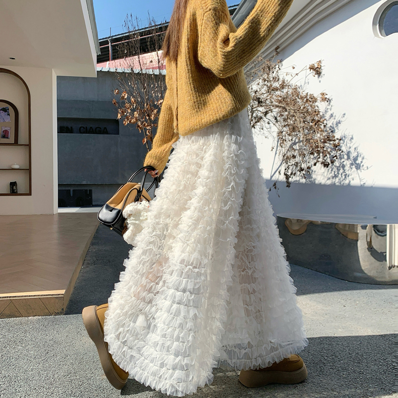 实拍冬季长款网纱蛋糕裙纱裙半身裙女秋冬2025大摆蓬蓬仙女长裙子