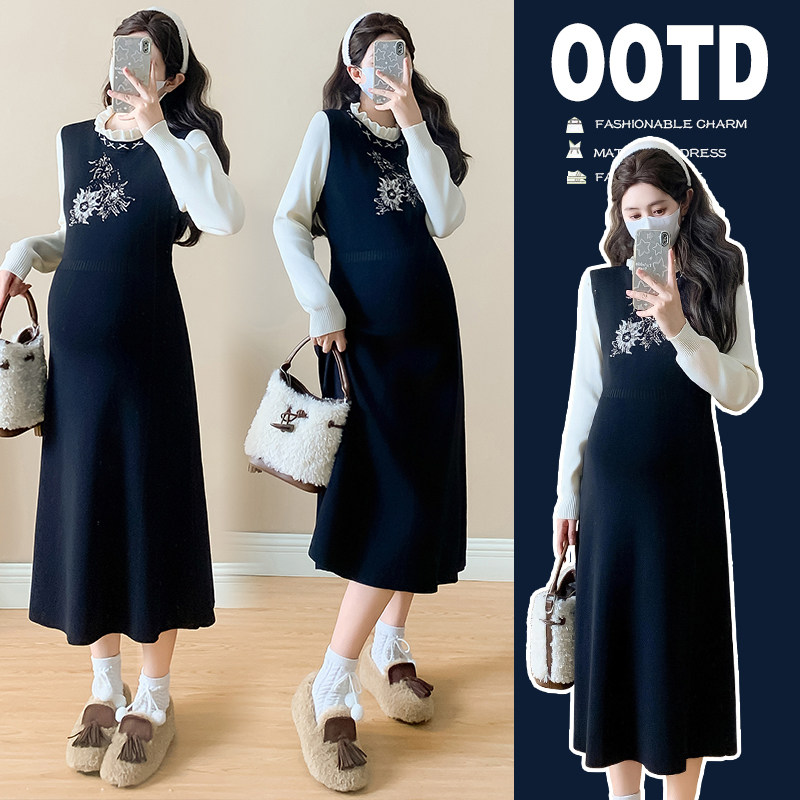 实拍孕妇春秋新款时尚宽松大码收腰弹力假两件连衣裙春季