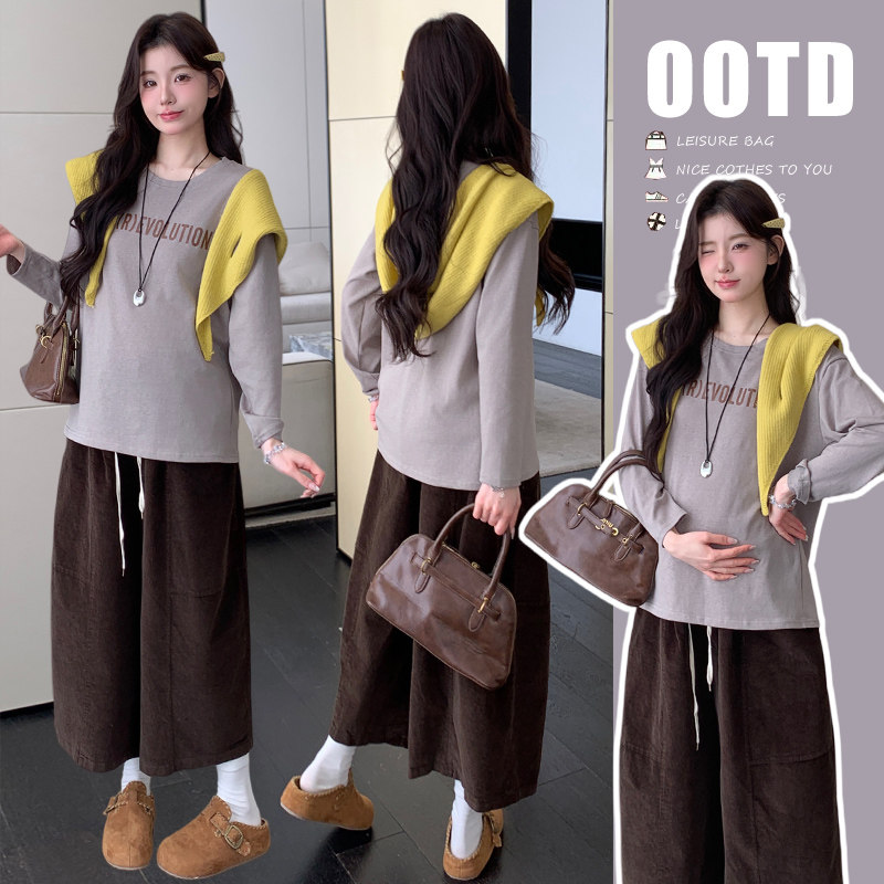 实拍韩系孕妇宽松字母长袖T恤女春季显瘦休闲上衣孕妇裤裙套装