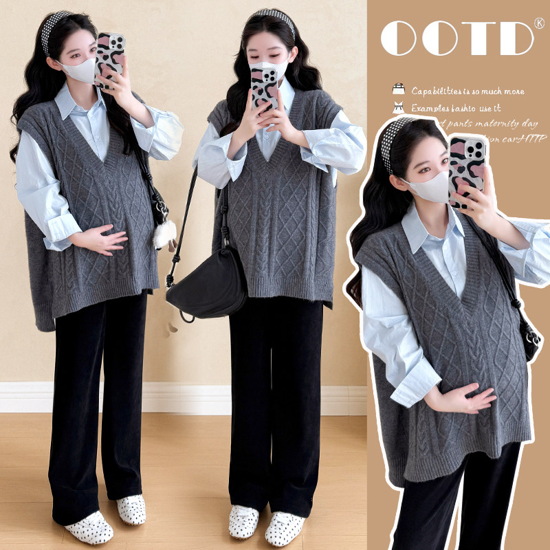 实拍孕妇装春秋套装时尚款洋气宽松遮肚上衣马甲衬衫两件套