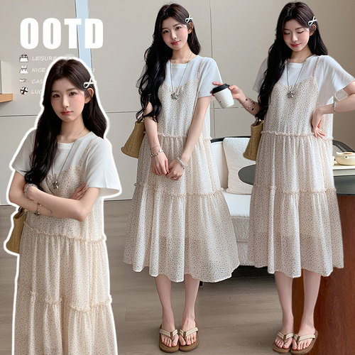 2026夏季新款孕妇装韩版纯棉T恤拼接雪纺连衣裙假两件套