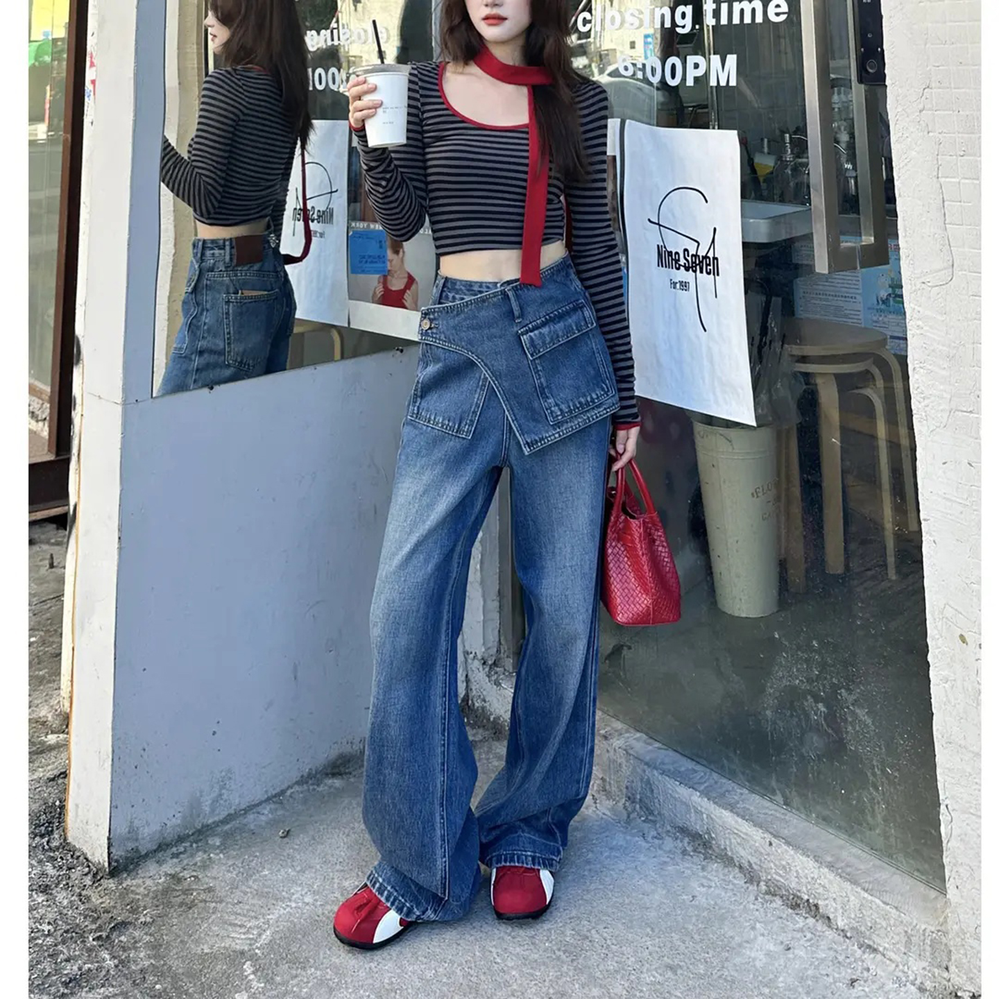 蓝色阔腿牛仔裤子女秋季2025新款韩系设计感屁帘假两件拖地直筒裤