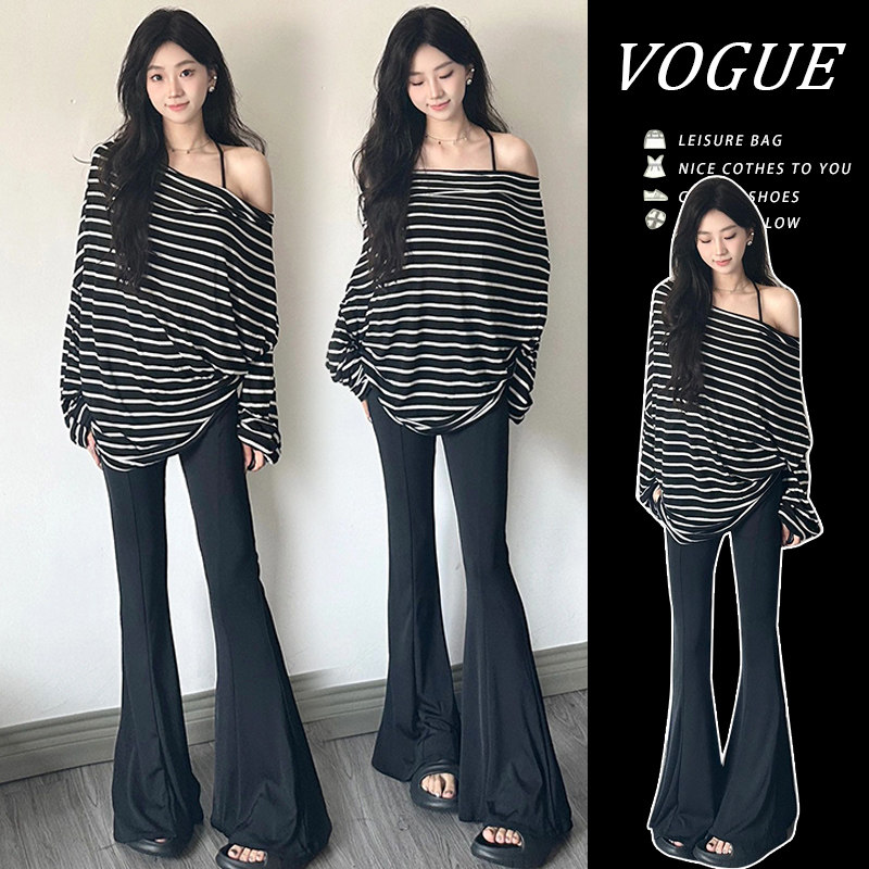 图片已处理 2026年春款又甜又辣一字肩孕妇上衣+喇叭裤高级感套装