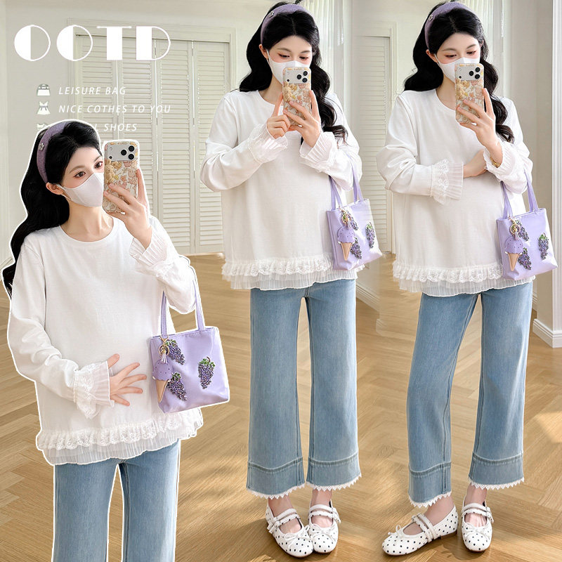 实拍 现春季宽松休闲花边拼接孕妈韩系百搭纯棉长袖上衣