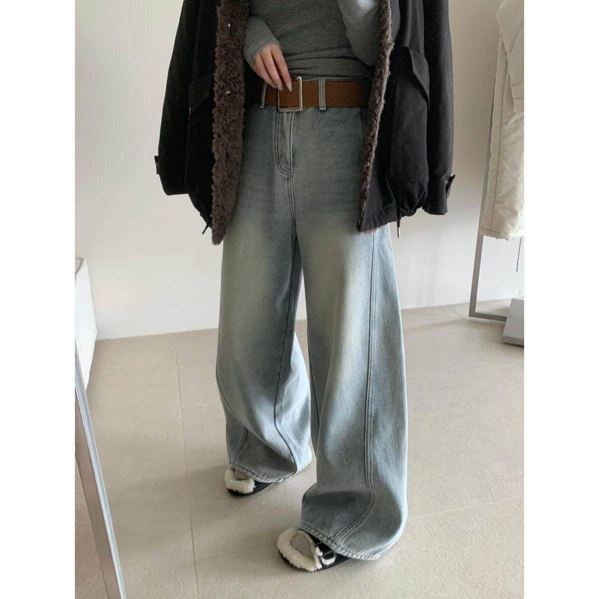 BLESSED MOMENT-简约高级气质休闲加绒阔腿牛仔裤配腰带LK