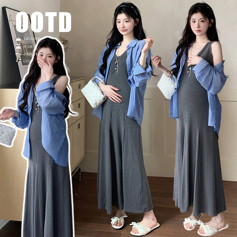 現货实拍夏装新品套装条纹长袖放哨开衩慵懒衬衫+修身辣妈背心裙