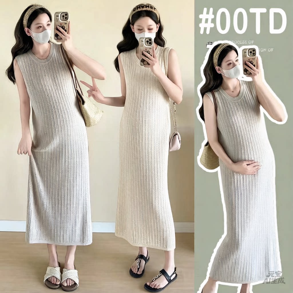 春夏亚麻针织连衣裙女新款气质露背无袖镂空连衣裙孕妇宽松背心裙