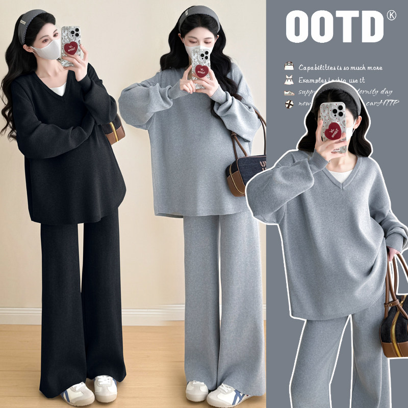 实拍2026早春慵懒风时尚洋气显瘦套装针织毛衣阔腿裤子孕妇两件套